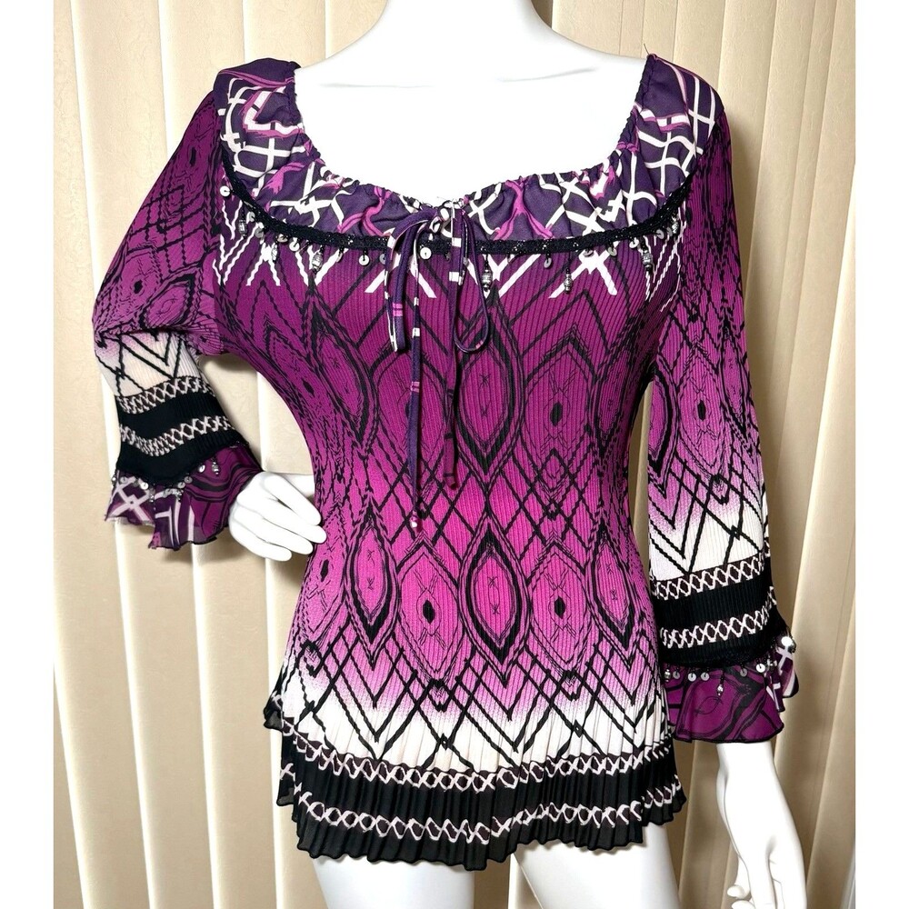 Piano Y2K Purple Plisse Pleated Bell Sleeve Blouse Sequin Beaded Fairycore L